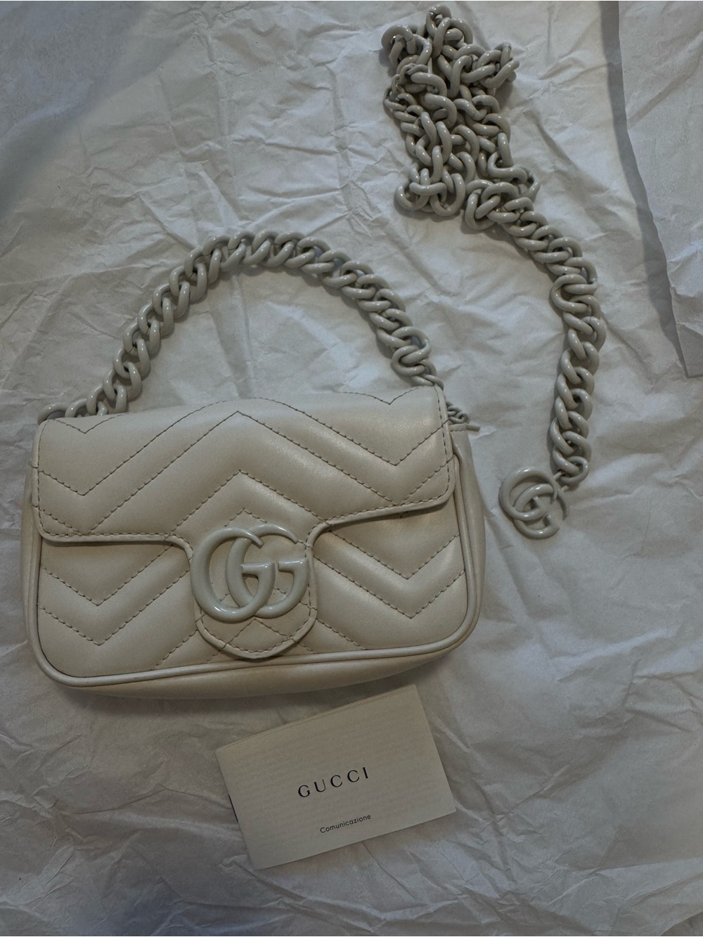 Gucci GG Marmont Super Mini White Leather Chain Crossbody Bag 476433